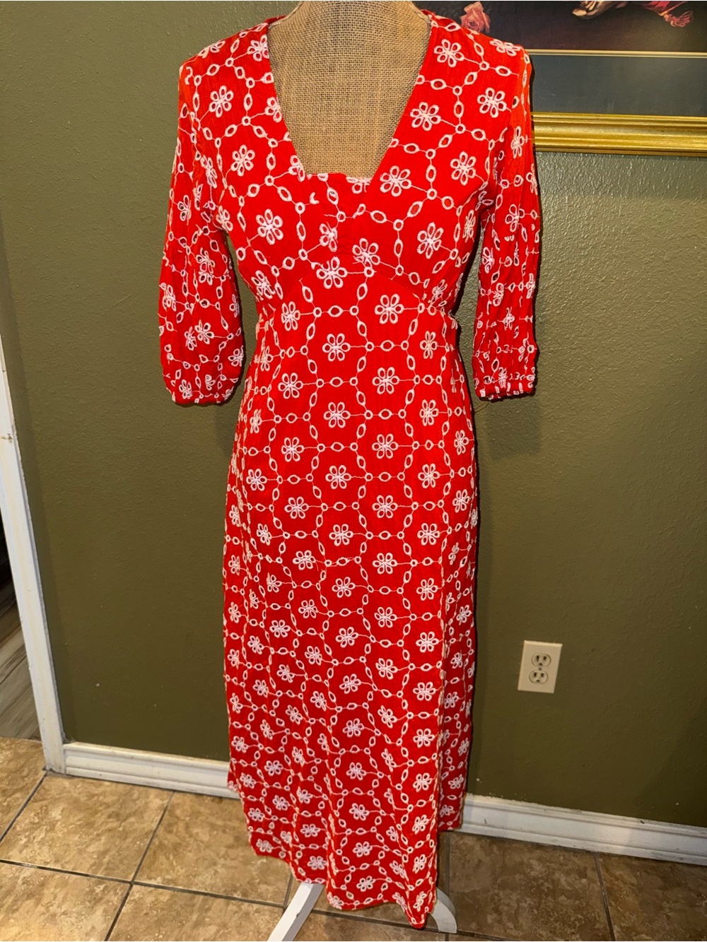 Red Floral Midi Dress with Square Neckline and Puff Elbow Sleeves
